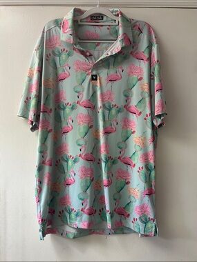 Bad Birdie Tropical Flamingo & Cactus Polo in Mint and Pink